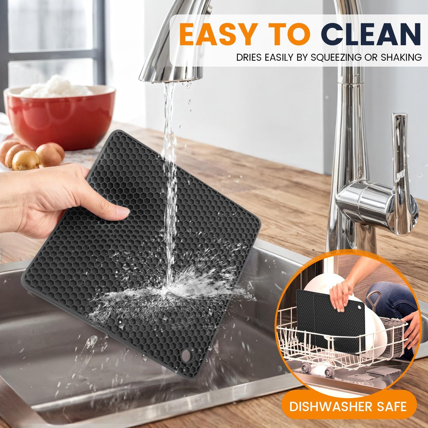 Silicone Trivet Mats 4 Heat Resistant Pot Holders Multipurpose Non-Slip Hot Pads for Kitchen Potholders, Drying mat, Jar Opener, Spoon Holder, Coaster.(Dark Black)