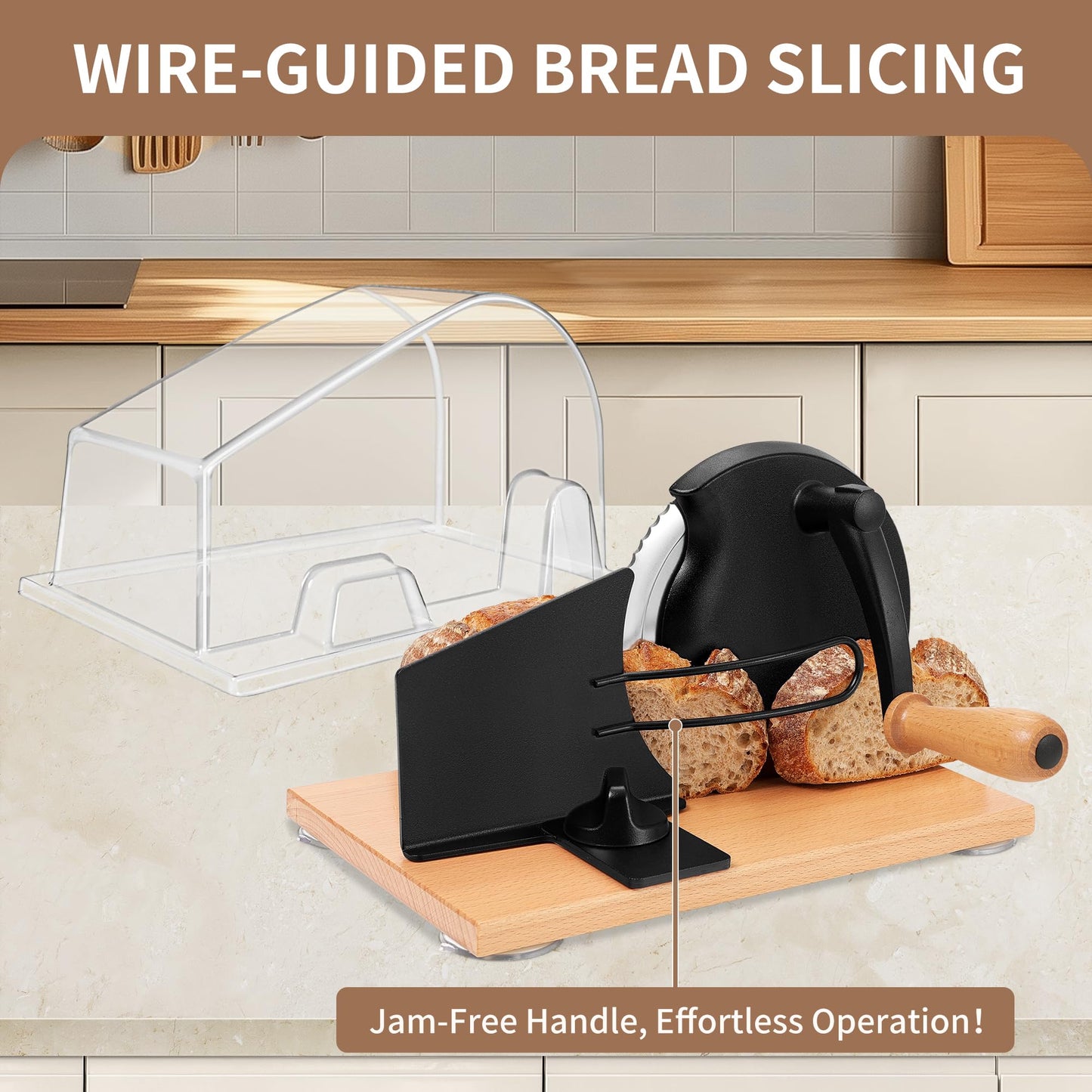 CAWIU Upgraded Manual Bread Slicer for Homemade Sourdough, Adjustable Thickness Hand Crank Bread Cutter with Stainless Steel Blade, Slicing Guide, Suction Cups & Protective Cover (Black)