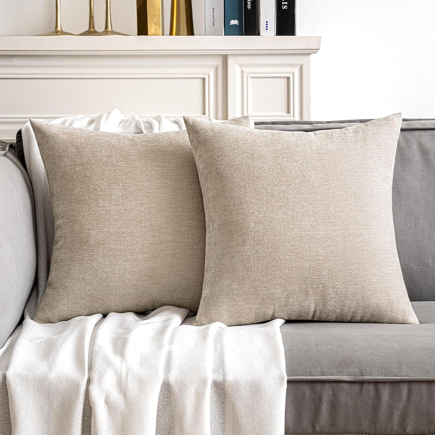 MIULEE Decorative Pillow Covers - Soft Chenille Farmhouse Cushions | Pack of 2, 16x16 Inch, Beige