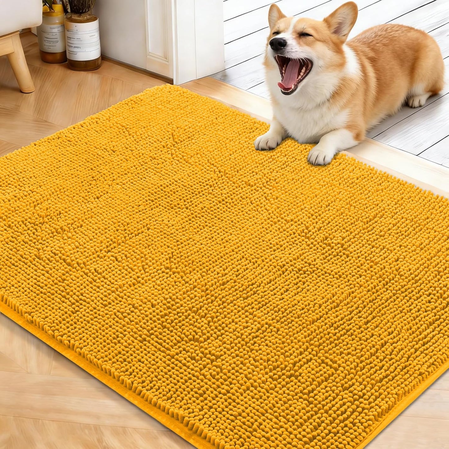 OLANLY Dog Door Mat - Absorbent Non-Slip Washable Chenille Mat for Muddy Paws | 40x32 Golden Yellow