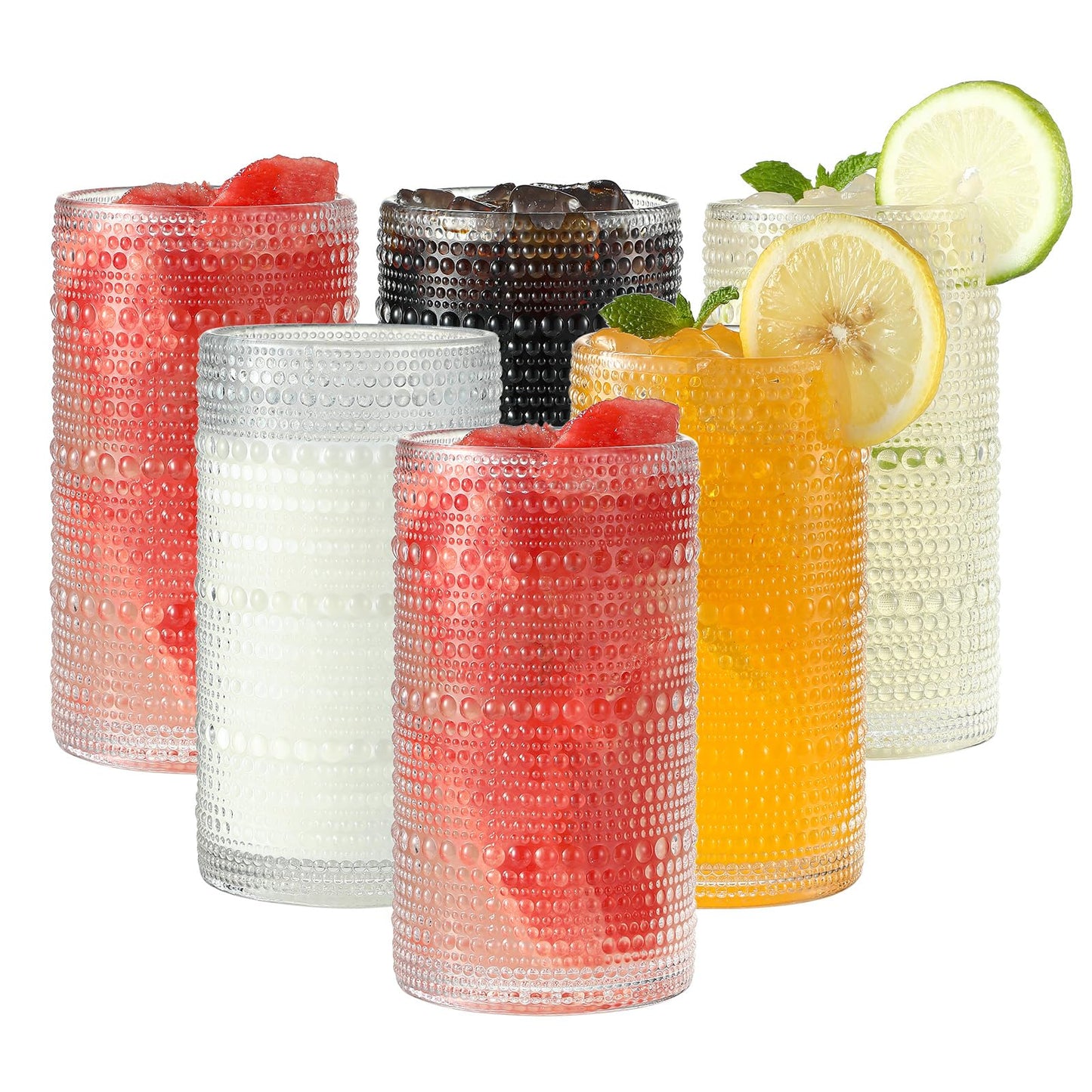 Akutaa Vintage Hobnail Drinking Glasses Set of 6, 16 oz Large Capacity Embossed Clear Tumblers, Highball Glasses for Water, Cocktail, Beer, Whiskey, Kitchen & Bar Use