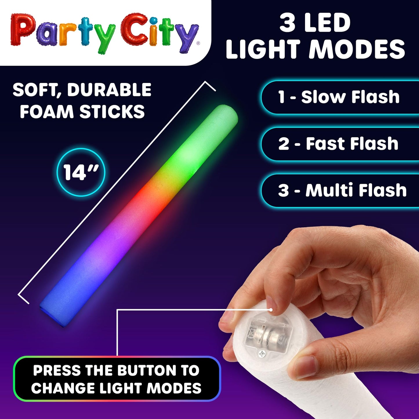 Party City 24pk LED Foam Glow Sticks 14”- Glow in the Dark Party Supplies Favors, Colorful Flashing Wand with 3 Modes, Foam Light Up Sticks Bulk Party Pack for Wedding, Birthday, Concert, Halloween