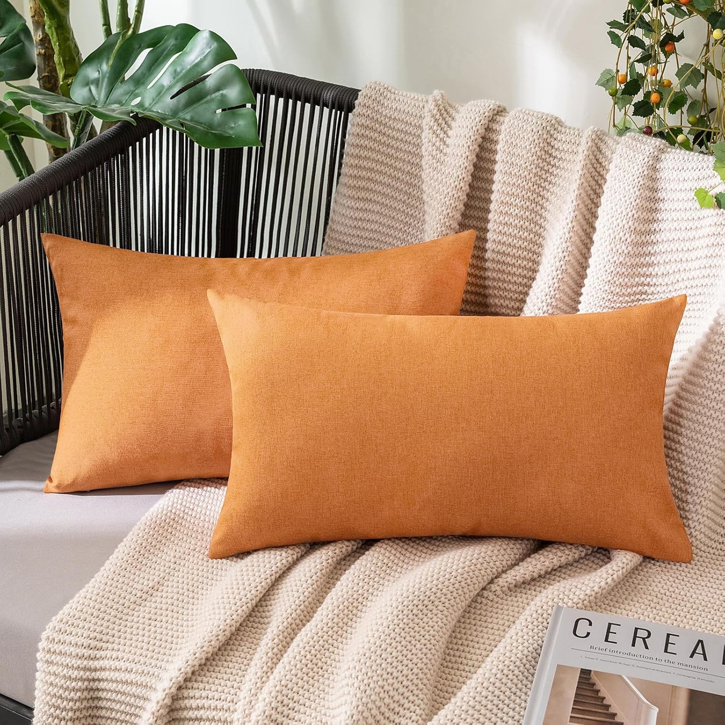 MIULEE Decorative Outdoor Throw Pillow Covers - Waterproof Faux Linen Cushion Cases | 20x12 Inch, Brown (Pack of 2)