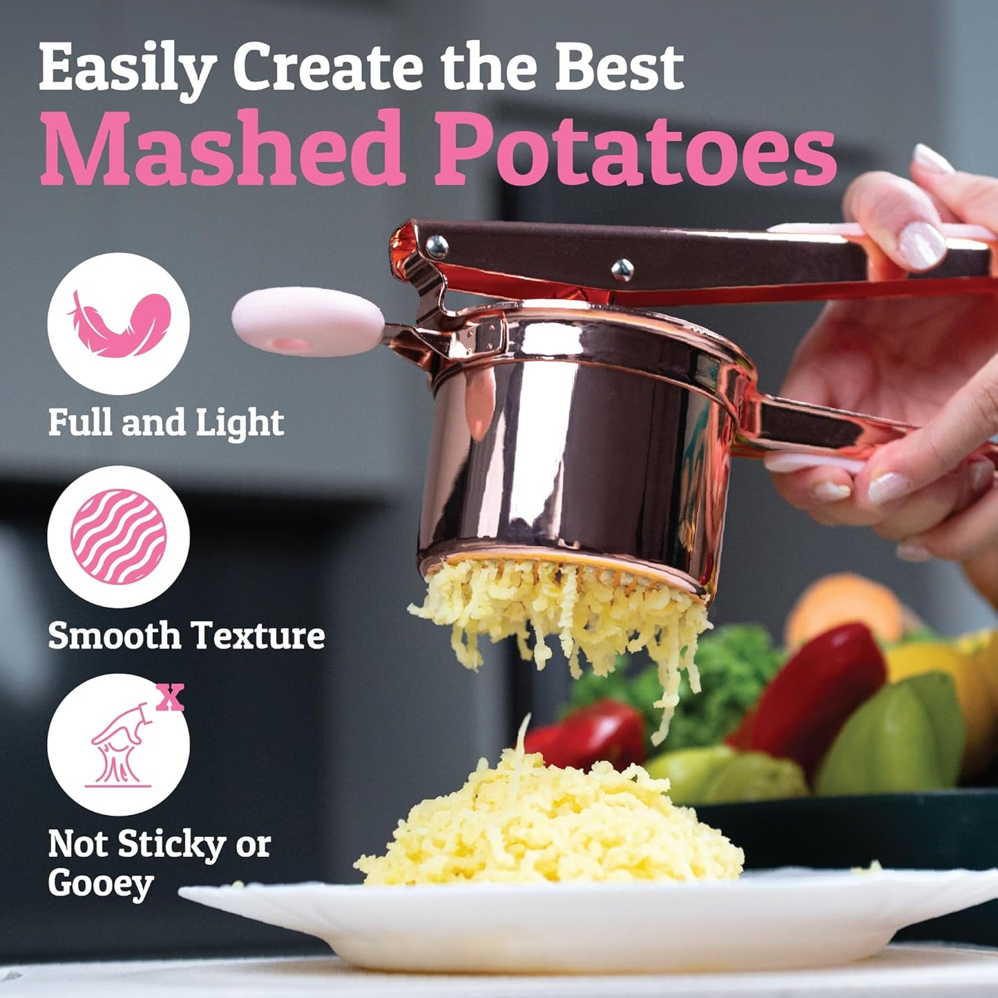 PriorityChef 15oz Potato Ricer - Heavy Duty Stainless Steel Masher for Perfect Mashed Potatoes | Rose Gold & Pink