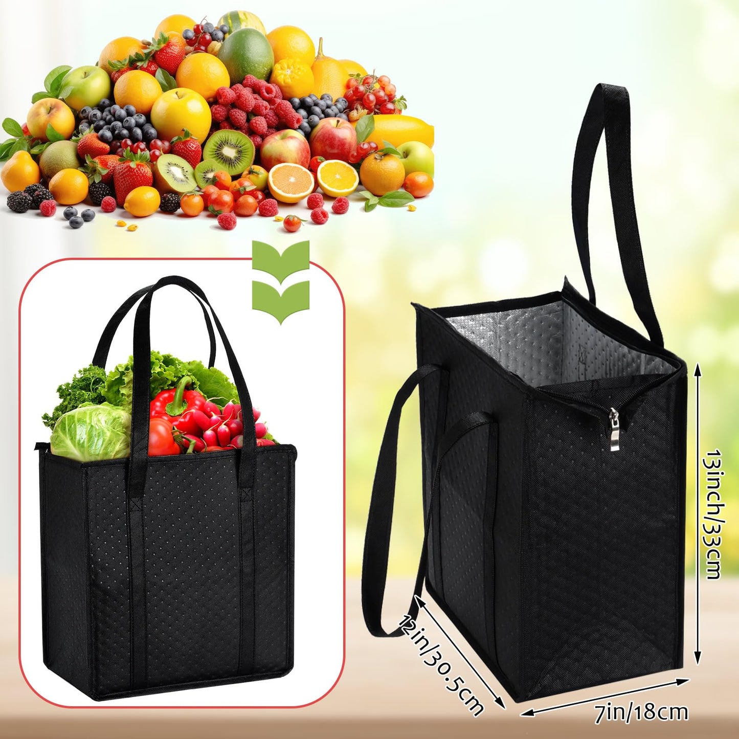 Paterr 4 Pcs Insulated Grocery Bags Insulated Cooler Tote Bag Reusable Collapsible Cooler Totes with Zipper Top for Shopping(Black)