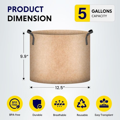 iPower 5-Pack Plant Grow Bags - Durable 5 Gallon Nonwoven Aeration Pots with Strap Handles | Tan