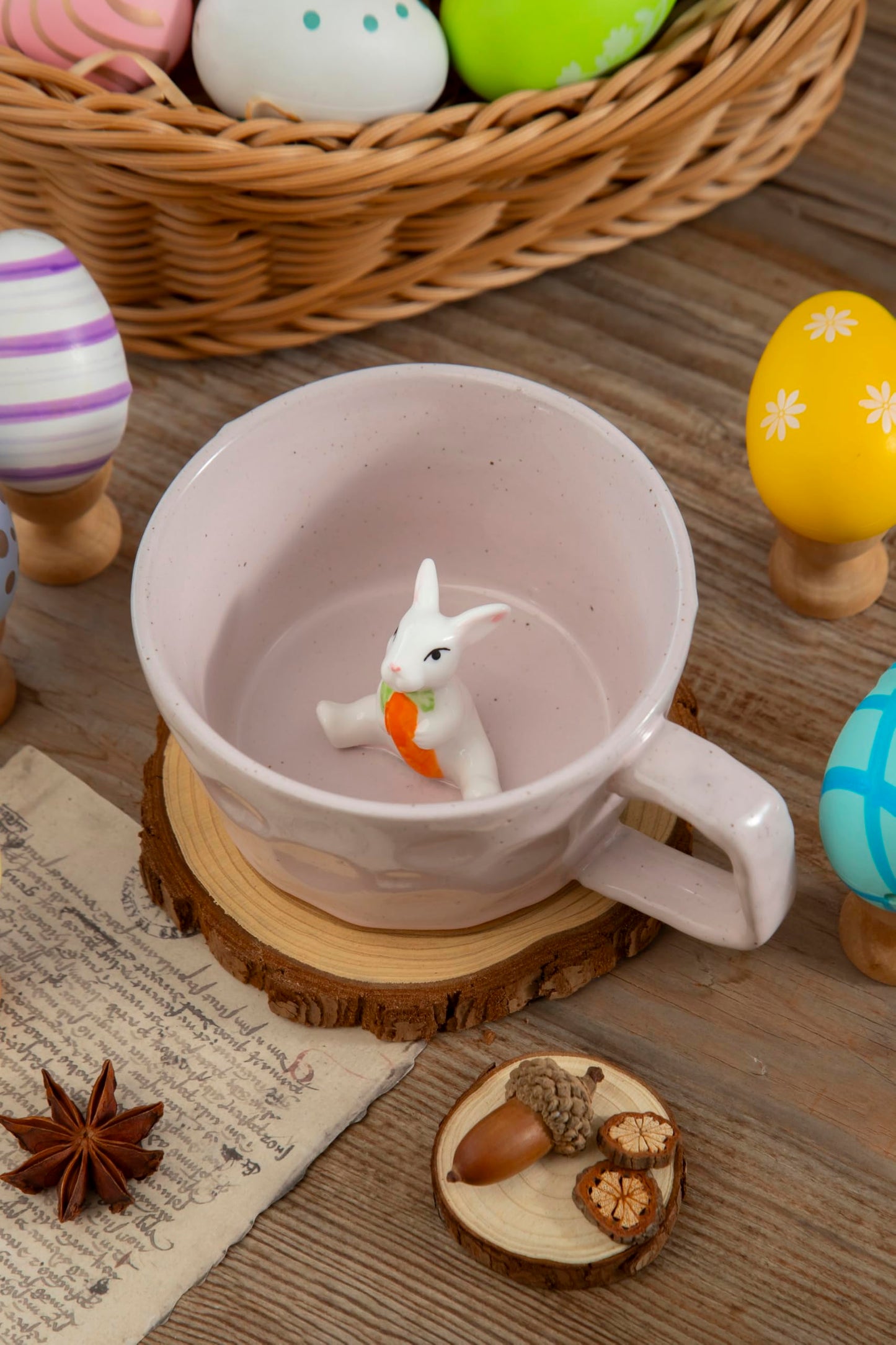 DIHOclub Farmhouse Ceramic Coffee Mug with Rabbit Figurine – Rustic Stoneware Cup, Matte Finish, Ideal for Breakfast & Home Decor (Pink Rabbit)