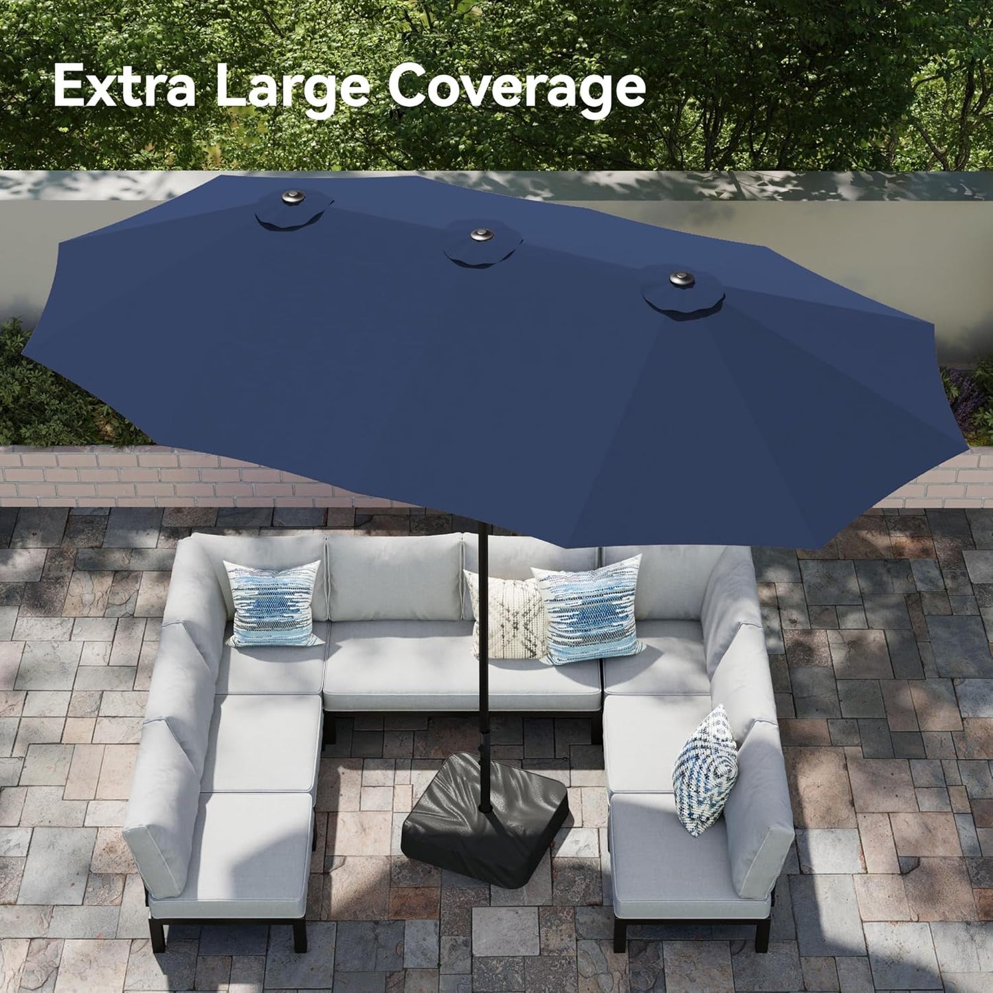PHI VILLA 15ft Double-Sided Patio Umbrella - Navy Blue Market Umbrella with Base & Crank Handle for Outdoor Use