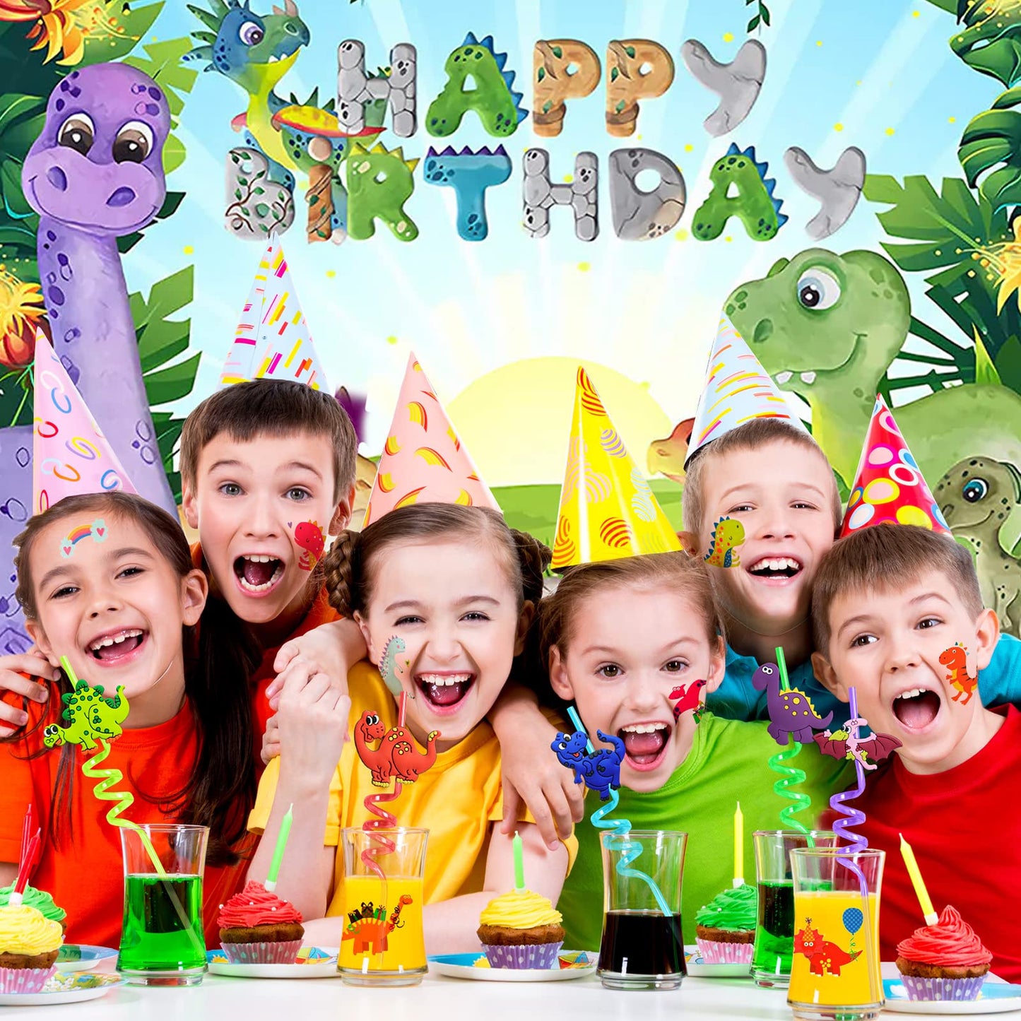 FZR Legend 24 Reusable Dinosaur Drinking Plastic Straws + 6 Dinosaur Temporary Tattoos for Kids Girls Boys | Dinosaur Birthday Party Supplies Three Rex Party Favors Decorations with Cleaning Brush
