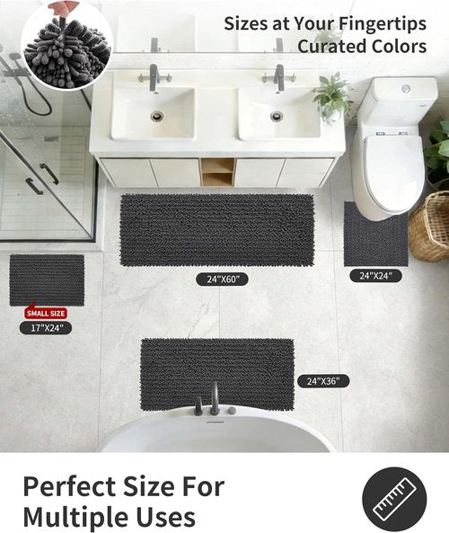 ILANGO Bathroom Rugs - Extra Soft Chenille Bath Mat | Dark Grey 24x17, Non-Slip & Machine Washable