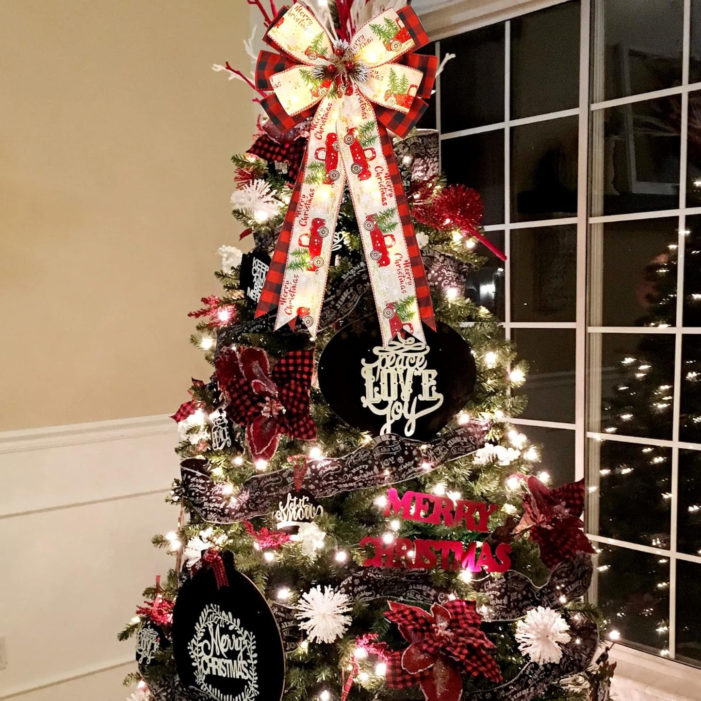 Skiennix Christmas Tree Topper Bow - 30 LED Lights & Rustic Buffalo Plaid Design | 13”x25” Red & Black Wreath Decor