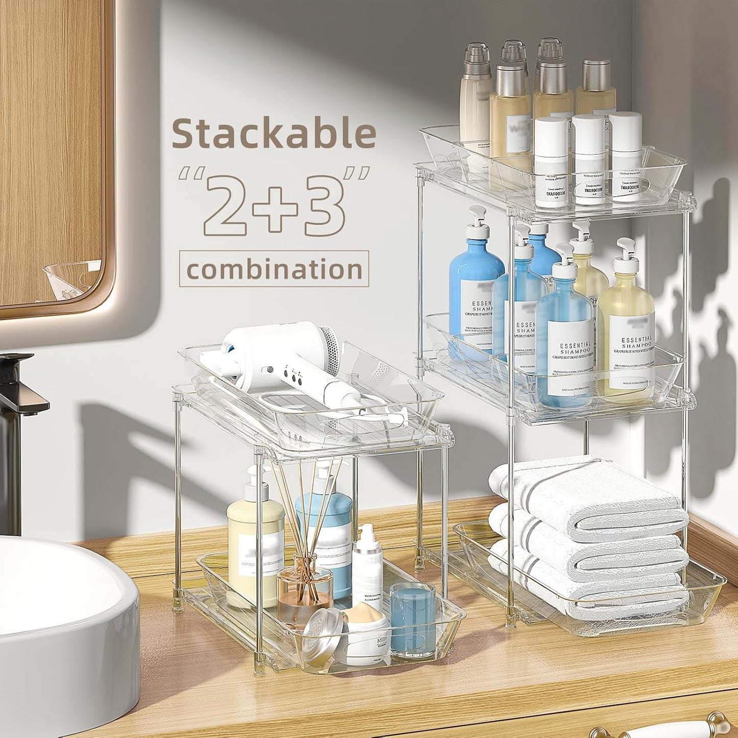 MHHA Bathroom Cabinet Organizer - 2 Tier Clear Under Sink Storage with Dividers | Pull-Out Kitchen Pantry Bins