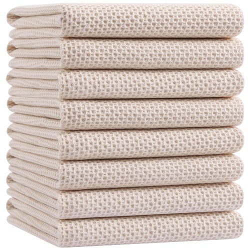 Homaxy 100% Cotton Waffle Weave Kitchen Dish Towels, Ultra Soft Absorbent Quick Drying Cleaning Towel, 20x28 Inches, 8-Pack, Beige