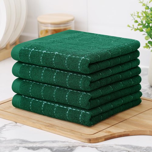 Homaxy 100% Cotton Terry Kitchen Towels(Dark Green, 13 x 28 inches), Checkered Designed, Soft and Super Absorbent Dish Towels, 12 Pack