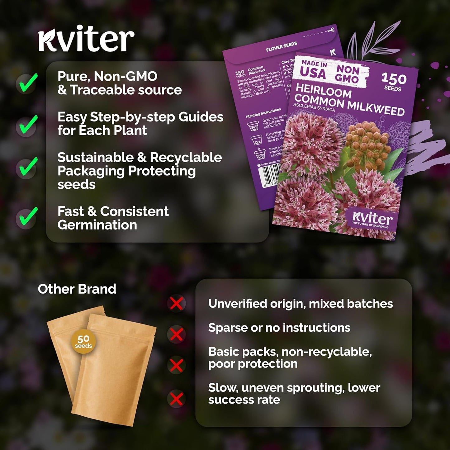 KVITER 150 Common Milkweed Seeds - Pink Perennial Wildflower for Butterflies | Non-GMO Heirloom Seed Packets for Gardens
