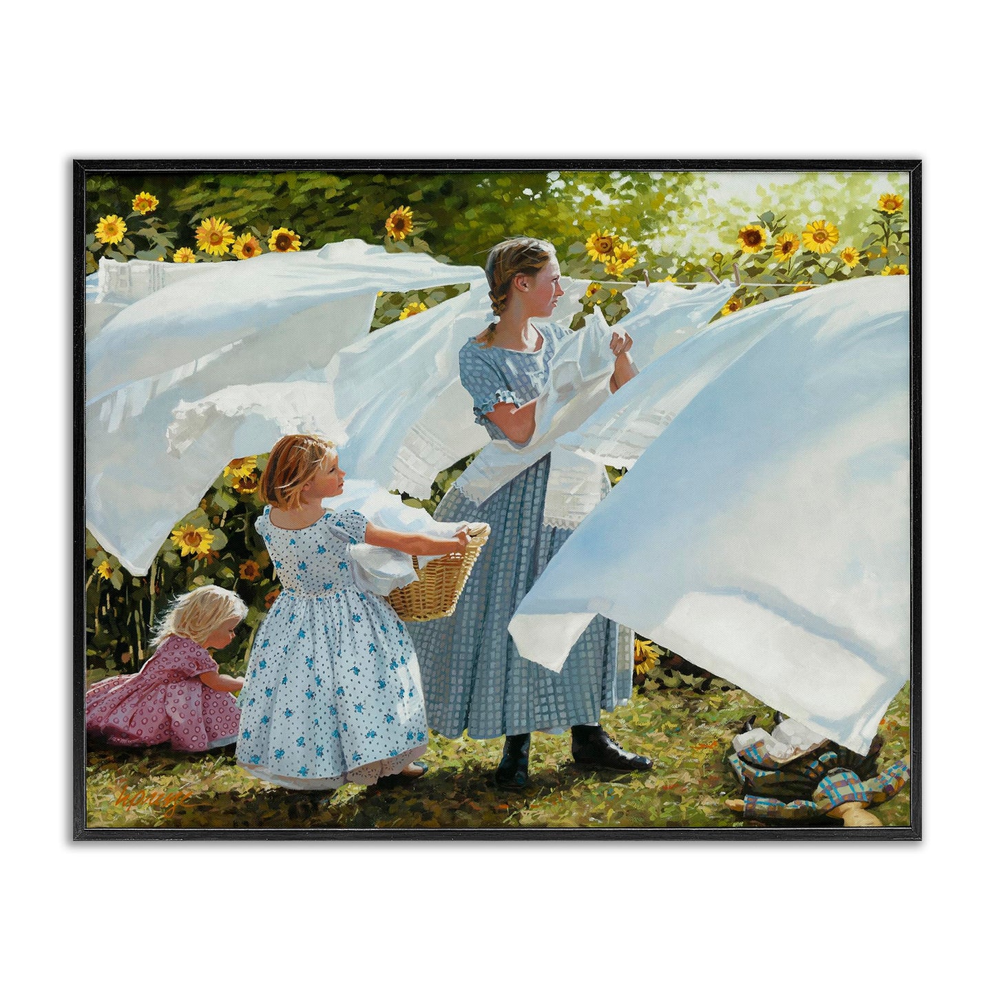 Stupell Industries 'Farm Children Doing Laundry Linens', Framed Giclee Art, Black, 20 x 16 Inches, Easy to Hang and Sturdy, Made in USA, by Heide Presse