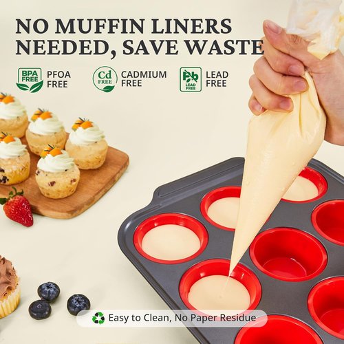 BRONYPRO Silicone Muffin Pans - Nonstick Egg Bite Molds & Cupcake Tins | 12 Regular Size, Red