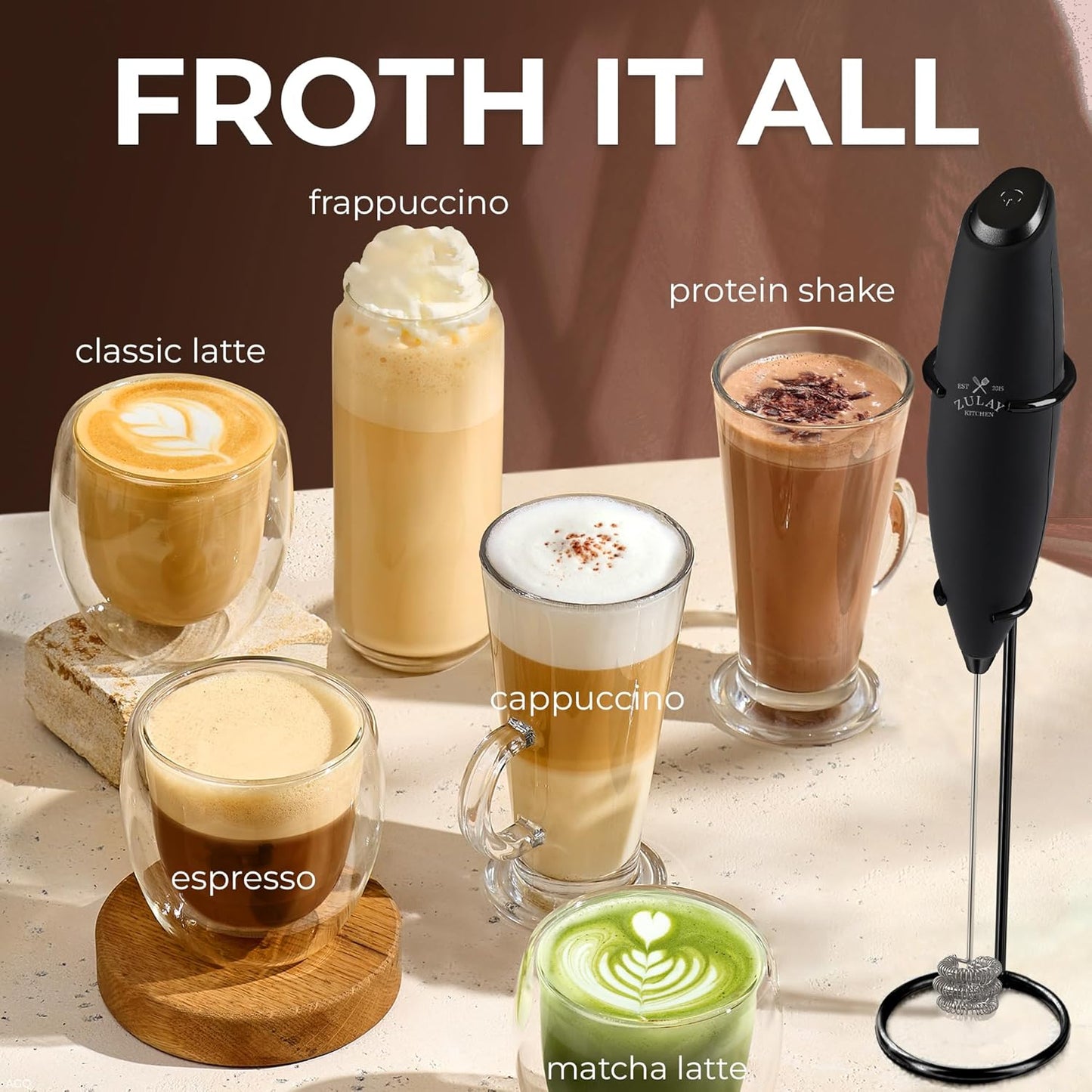 Zulay Kitchen Tornado Triple Whisk Milk Frother - Handheld Foam Maker for Coffee & Lattes | Includes 4 Duracell Batteries - Executive Black