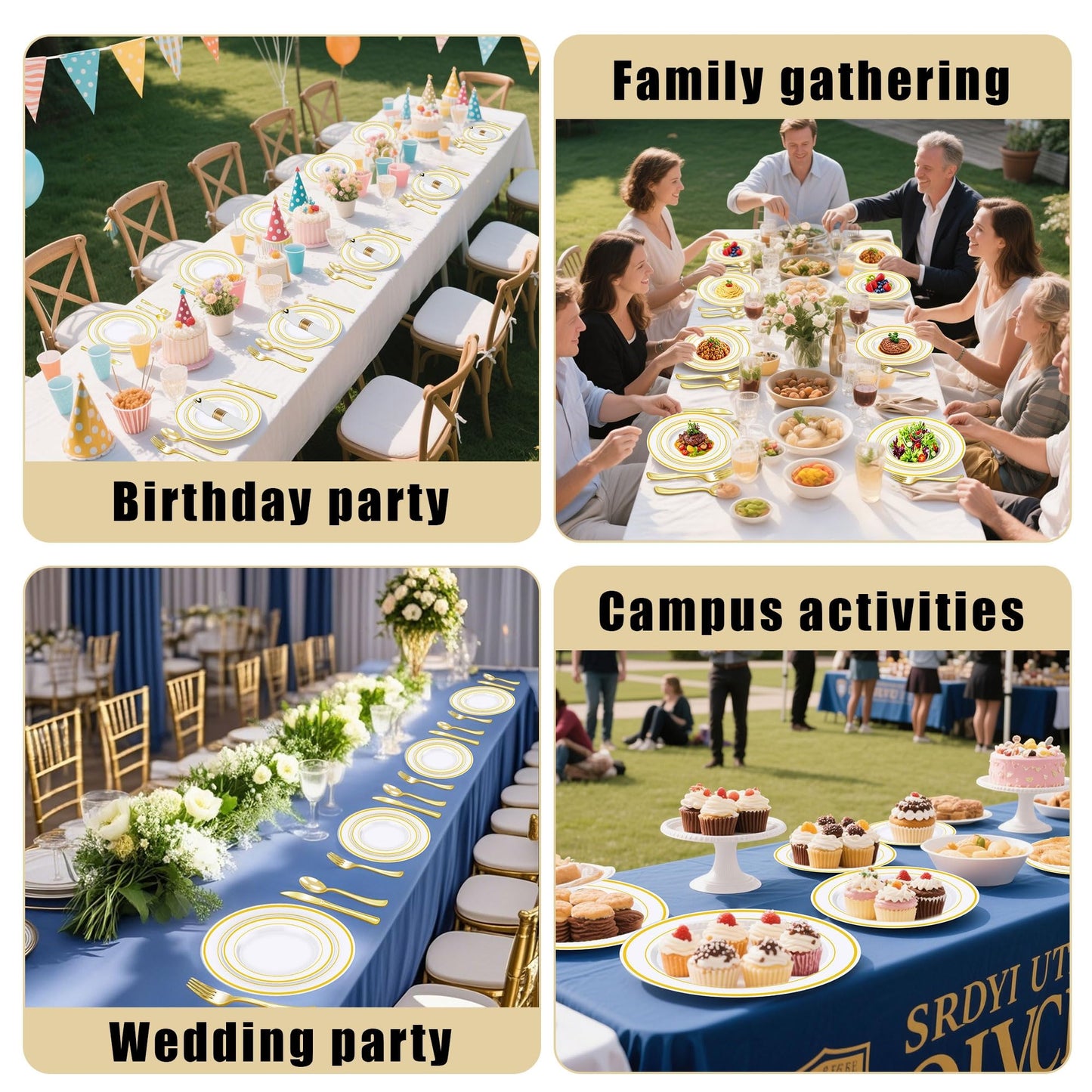 Zcaukya 100PCS Gold Plastic Plates, Disposable Plastic Dishes with Gold Rim in Bulk, 50 Pcs Each 10.25 Inch and 7.5 Inch for Dinner, Birthday and Wedding