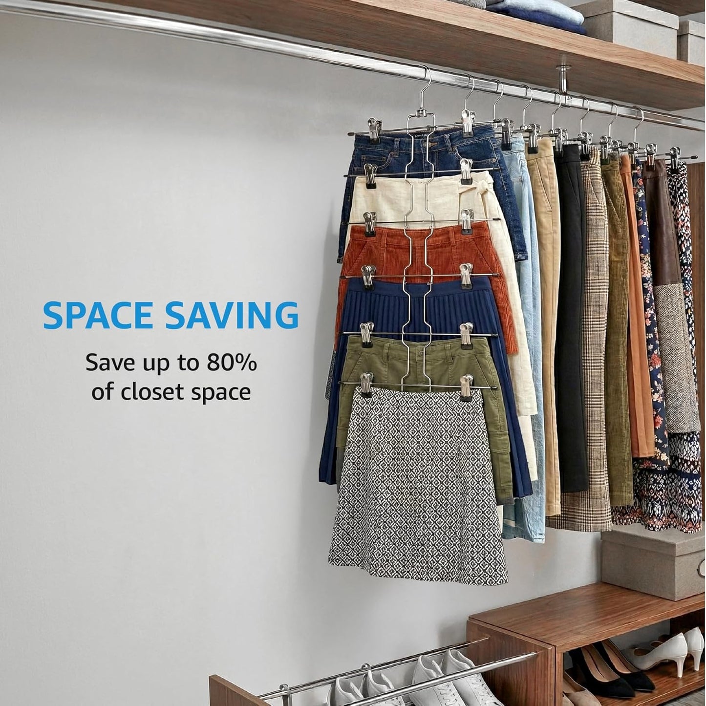 ZOBER 3-Pack 6-Tier Skirt Hangers with Clips - Space-Saving Closet Organizer for Women’s Jeans & Skirts