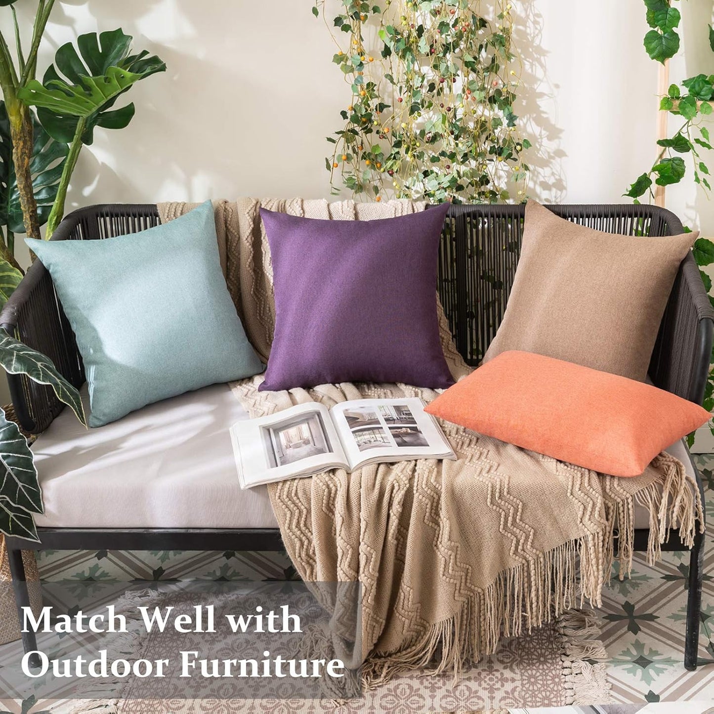 MIULEE Decorative Outdoor Throw Pillow Covers - Waterproof Faux Linen Cushion Cases | 24x24 Inch Teal, Set of 2