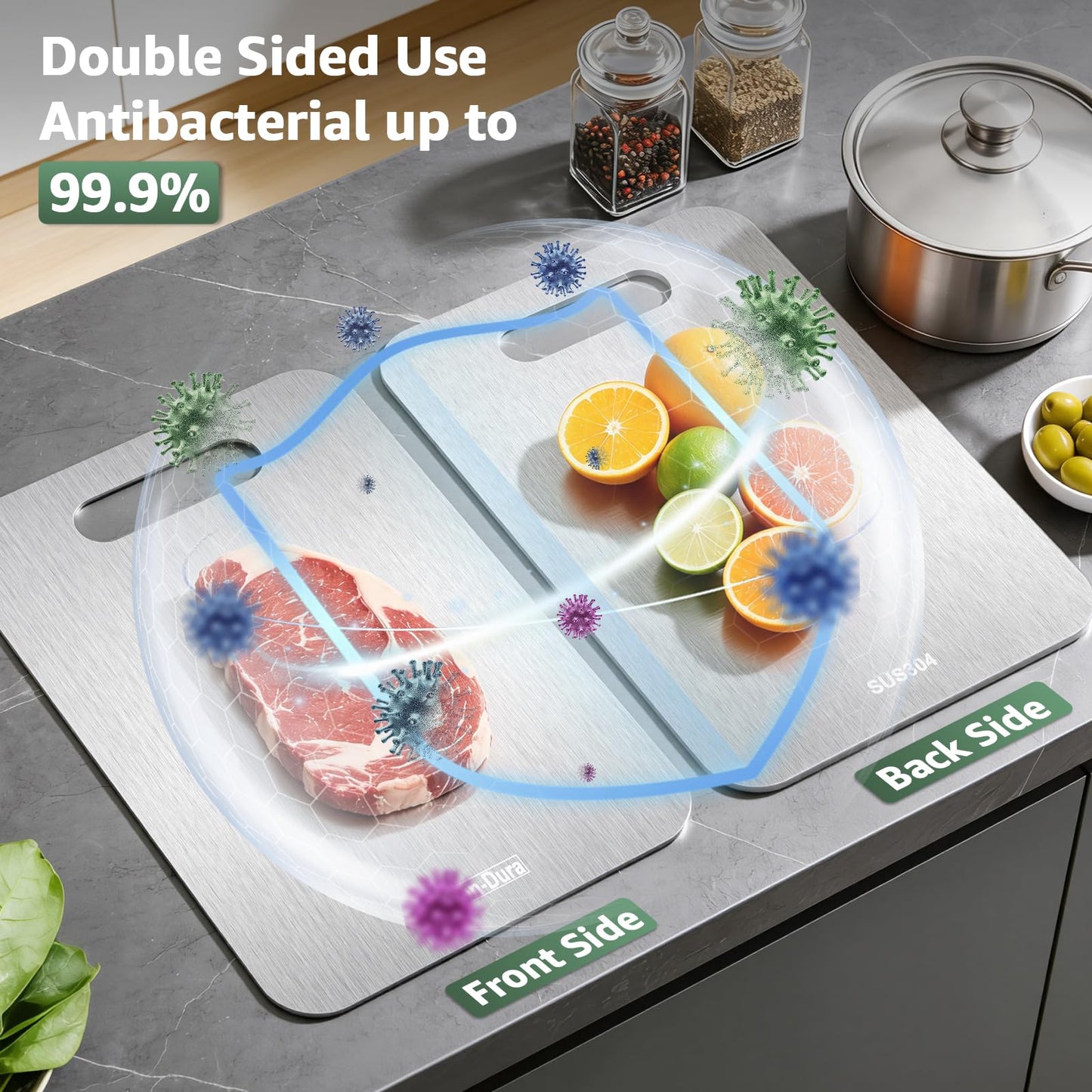 Stron-Dura Cutting Board, Stainless Steel Cutting Board, Foodgrade Cutting Boards for Kitchen, Titanium Cutting Board for Meat,Fruit, Vegetables, Double Side Use, Odor free, M, 13.4" * 9"