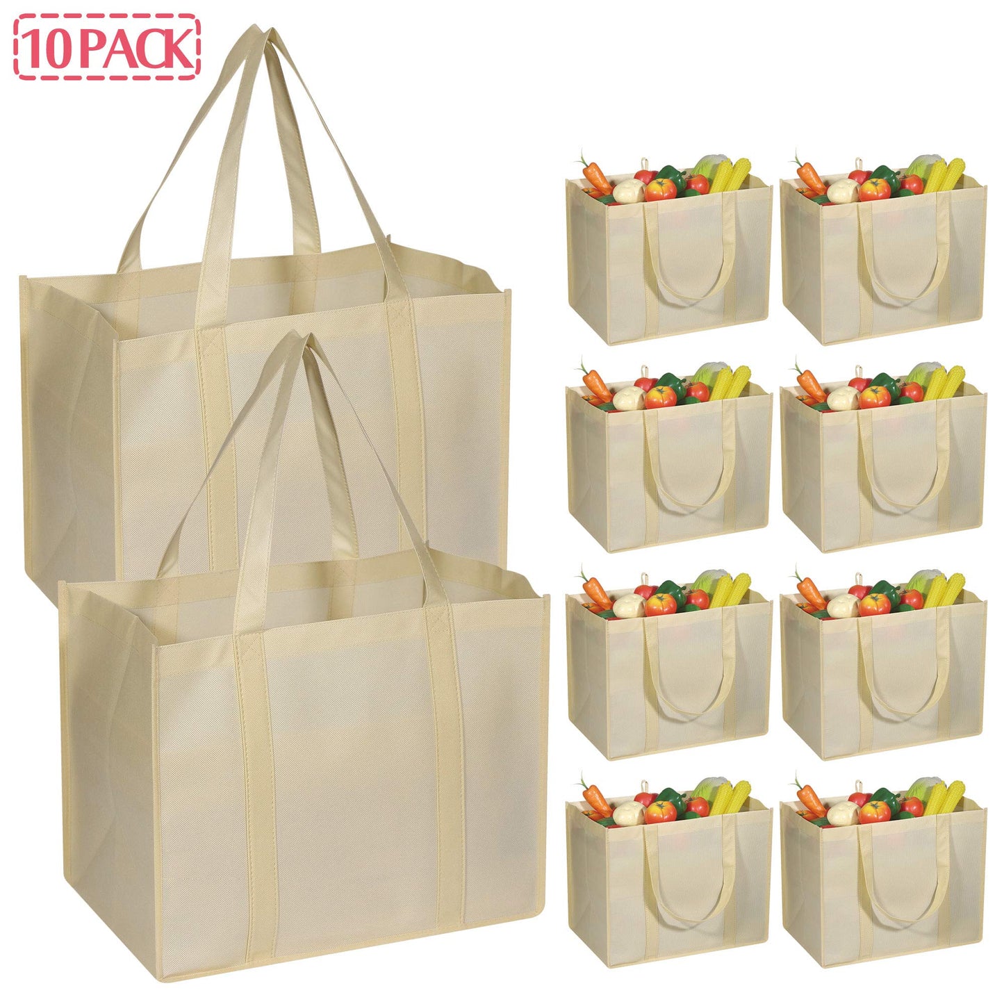 DIOMMELL 10 Pack Reusable Grocery Bags Extra Large Super Strong Heavy Duty Shopping Tote Bags with Reinforced Handles, Beige