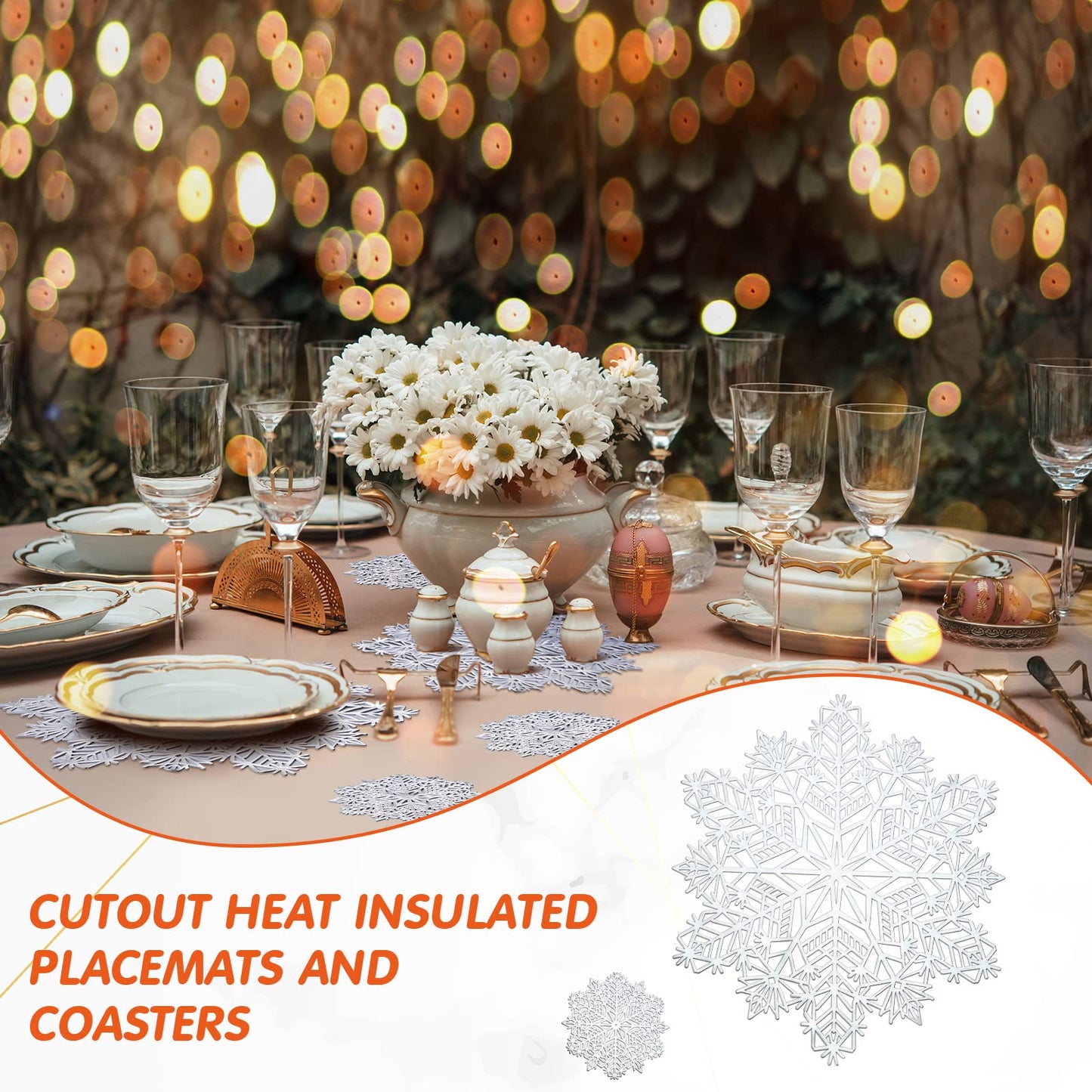 Sieral Snowflake Placemats and Coasters Set Pressed Vinyl 15 Inch Placemats and 4 Inch Coasters for Christmas Winter Wedding Party Dinner Table Decoration(Silver,24 Sets)