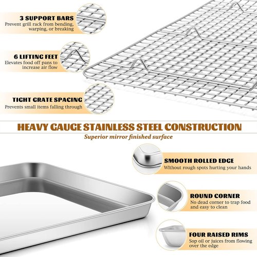 E-far Half Sheet Baking Pan Set - 18”x13” Stainless Steel Cookie Sheet with Wire Cooling Rack - Dishwasher Safe