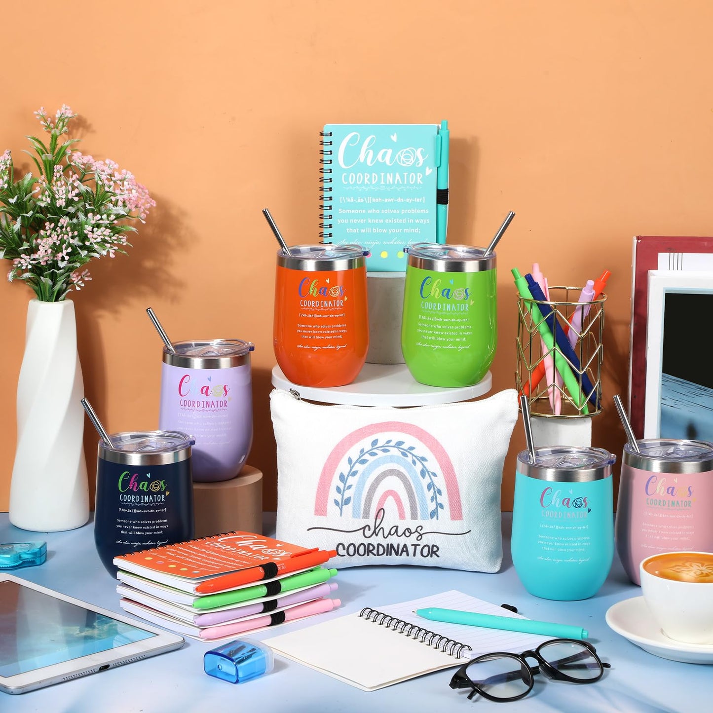 Sieral 24 Pcs Chaos Coordinator Gifts Employee Appreciation for Women Stainless Steel Tumbler with Lid Spiral Notebook with Sticky Note Pen Makeup Bag Thank You Gifts for Coworker Teacher Nurse