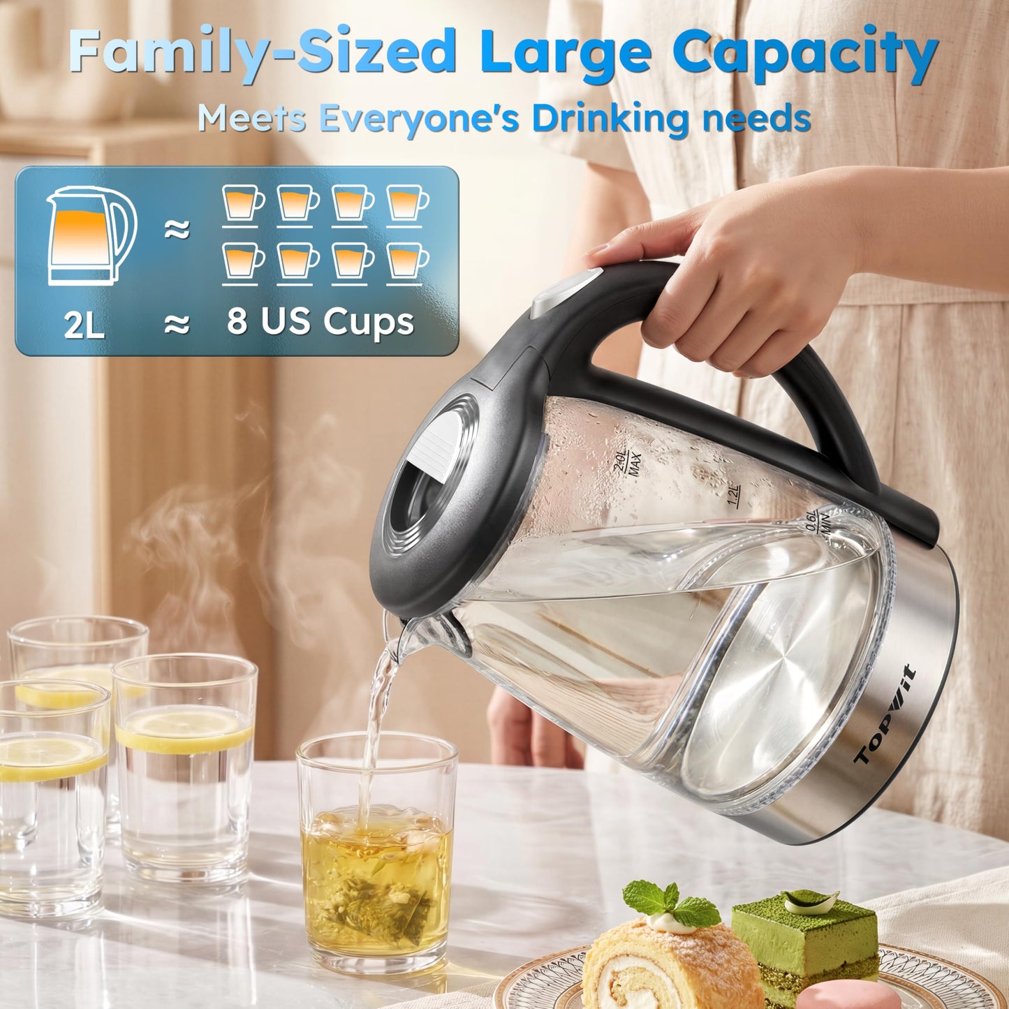 TOPWIT Electric Kettle Glass Hot Water Kettle, 2.0L Water Warmer, BPA-Free Stainless Steel Lid & Bottom, Tea Kettle with Fast Heating, Auto Shut-Off & Boil Dry Protection