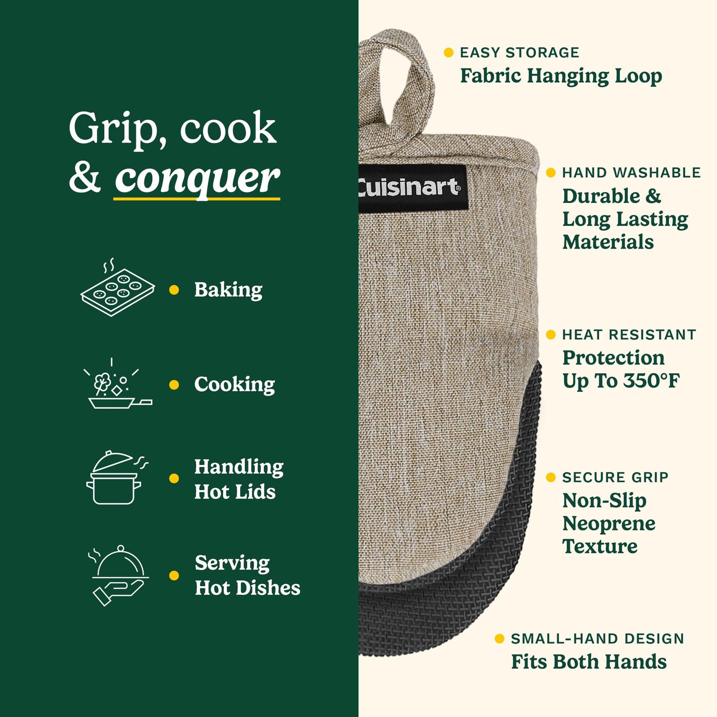 Cuisinart Mini Oven Mitts – 5.5” x 7” Heat-Resistant Kitchen Mitts for Oven with Non-Slip Neoprene Palm, Cotton Filling, and Fabric Loop – Durable Oven Mitt Set for Cooking & Baking (Chambray)