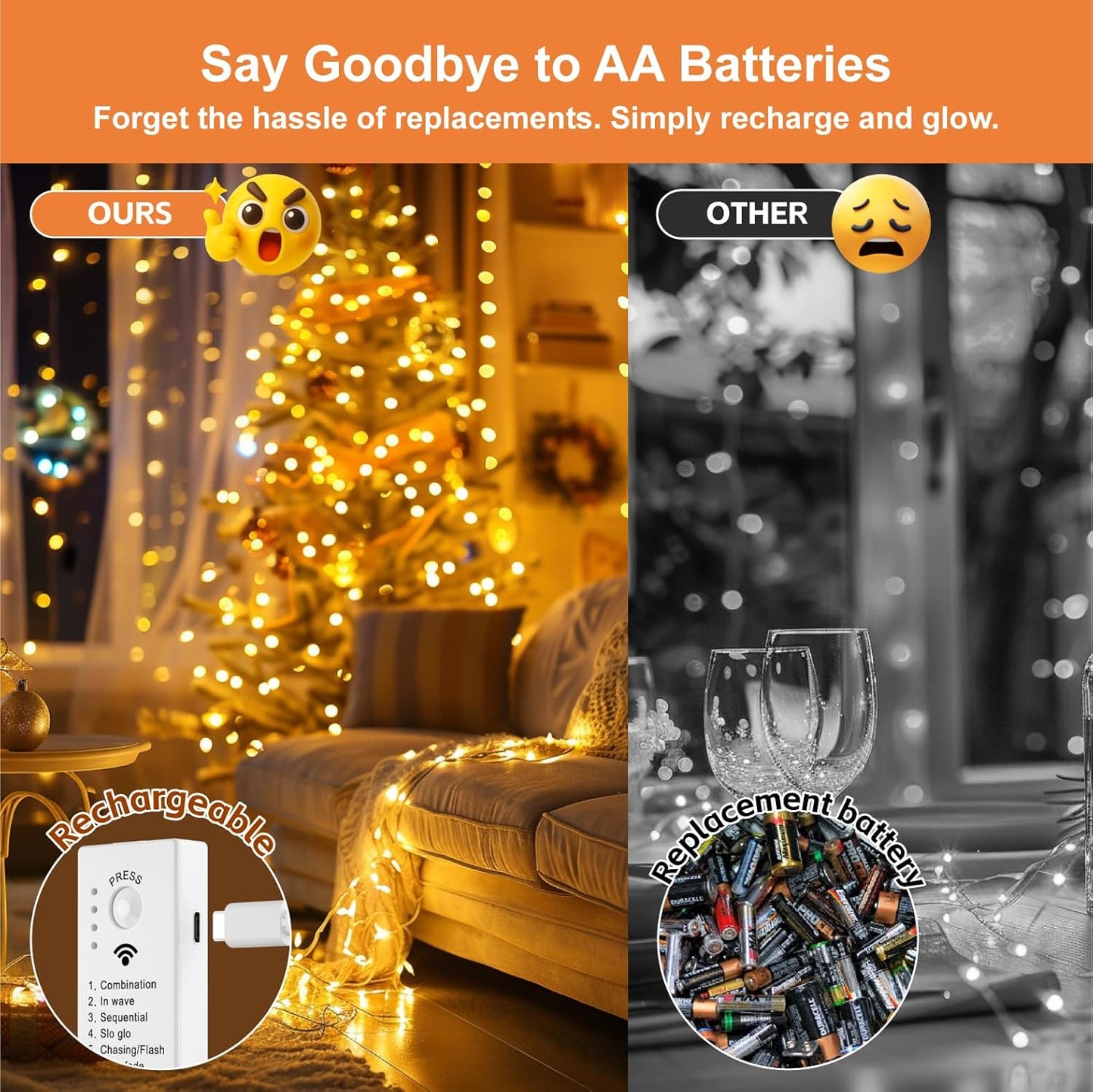 Skiennix 4 Pack Rechargeable Fairy Lights - 16FT 50 LED Indoor String Lights | 8 Modes, Warm White
