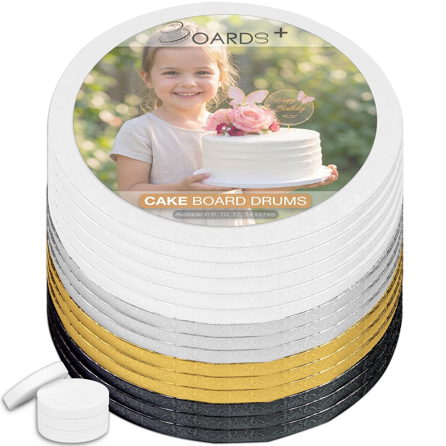 Sleek Cake Drums 8 inch in White, Silver, Gold, Black Color (14 Pack) | 1/2" Thick CakeBoard Circle Rounds + Free Prop Up Tools | Sturdy for Heavy/Tiered Cakes