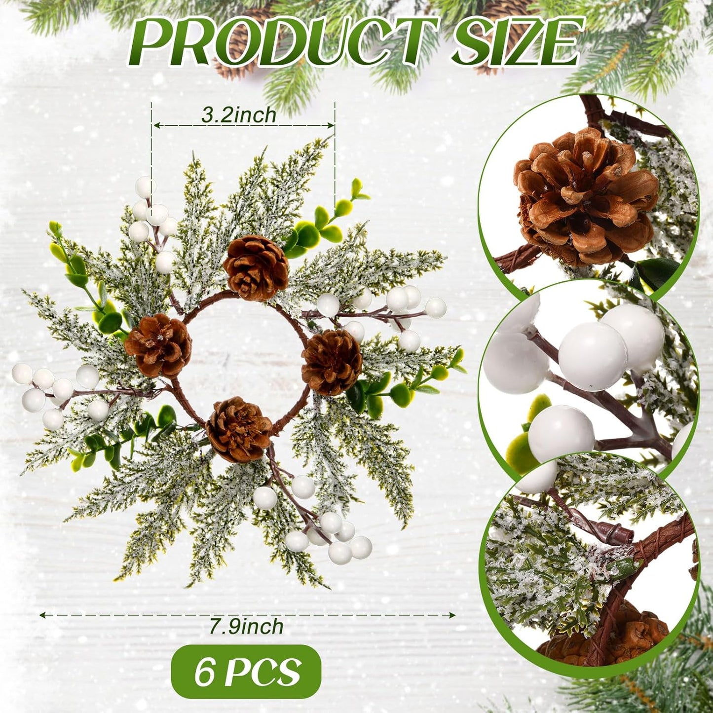 Vercraft 8" Christmas Candle Rings - Snowy Pine Garland with White Berries & Pine Cones | 6 Pcs Set for Festive Home Decor