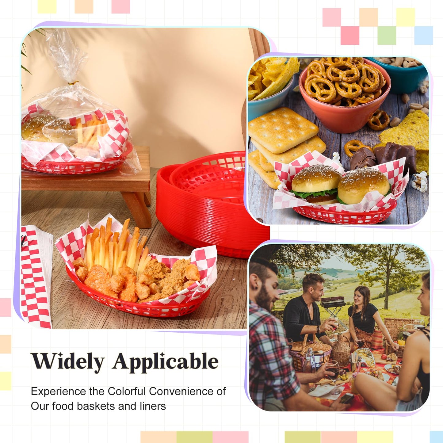 Patelai 30 Pcs Fast Food Baskets with 100 Sheets Red Checkered Deli Liners, 10.5" x 6.7" Red Burger Baskets 100 Pcs Clear Bags with Tie, Restaurant Serving Basket Sets for Burgers Fries Hot Dogs Bread