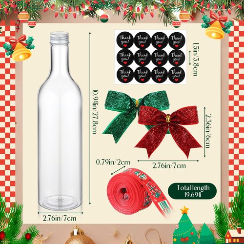 Baderke 6 Sets Christmas Plastic Wine Bottles 750ml with Caps Thank You Stickers Christmas Botellas Para Coquito Bottles Holiday Xmas Empty Brewing Wine Bottle for Kitchen Bar Party New Year(Classic)