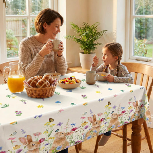 3 Pieces Easter Bunny Floral Plastic Tablecloth – 54x108 Inch Vintage Spring Rabbit Disposable Table Covers for Easter Day, Bunny Garden Theme, Baby Shower, Birthday, Holiday Dining Table Decorations