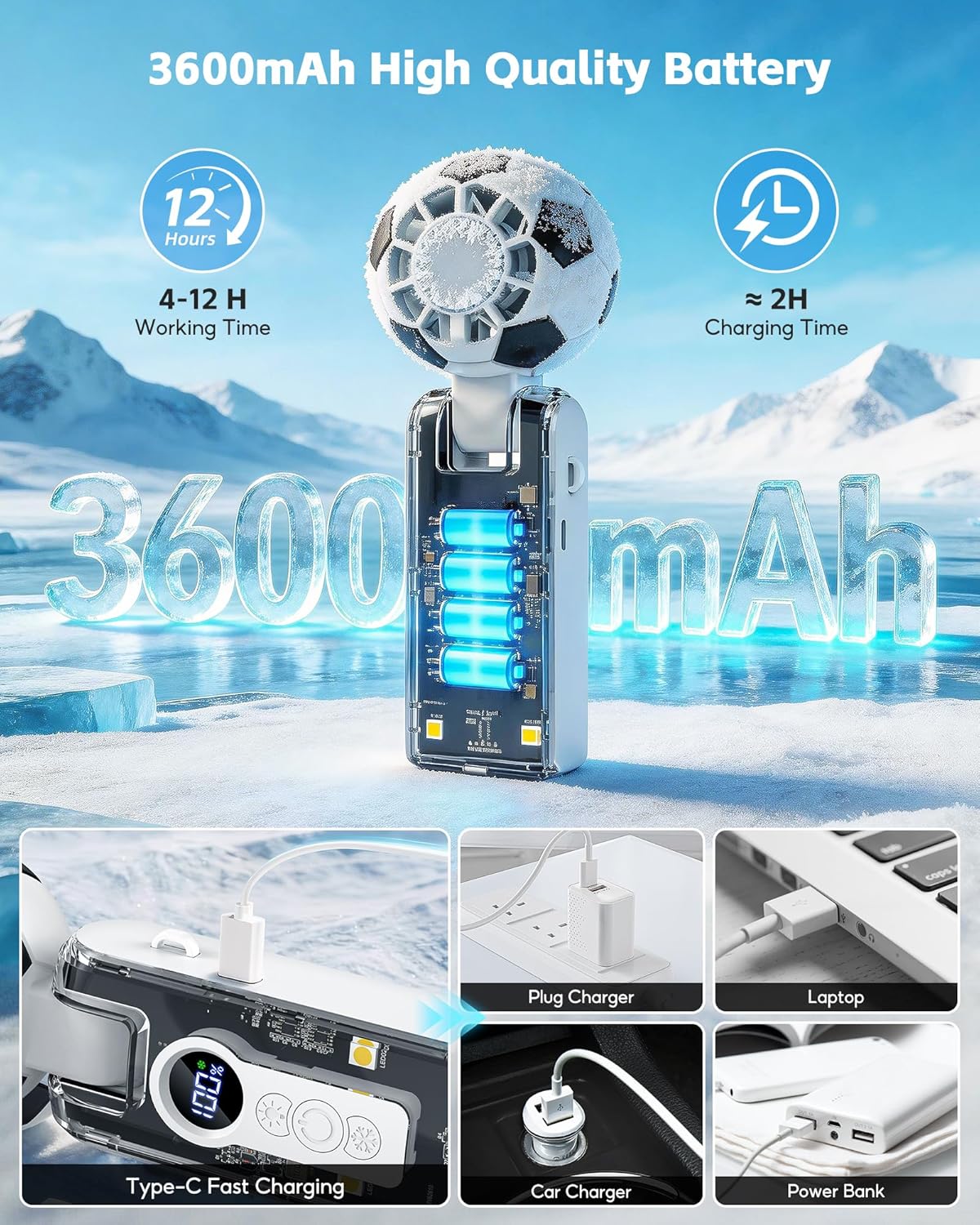 Skiennix Portable Handheld Turbo Fan - Rechargeable 5-Speed Cooling Fan | 180° Foldable, 12-Hour Battery Life for Travel & Outdoor Use