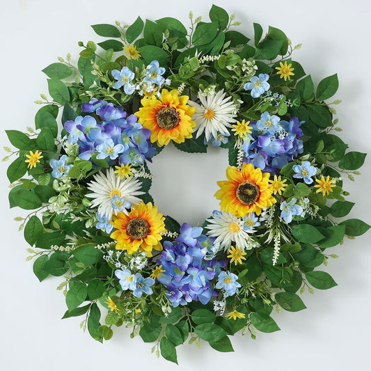 Large 26" Artificial Flower Wreath by [Brand Name] - Lifelike Sunflowers & Blue Hydrangeas for Spring/Summer Home Decor
