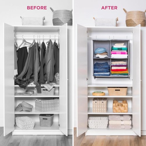 HOLDN’ STORAGE Hanging Closet Organizer - Heavy Duty 4-Shelf Unit with Garment Rod for Clothes & Shoes | Grey