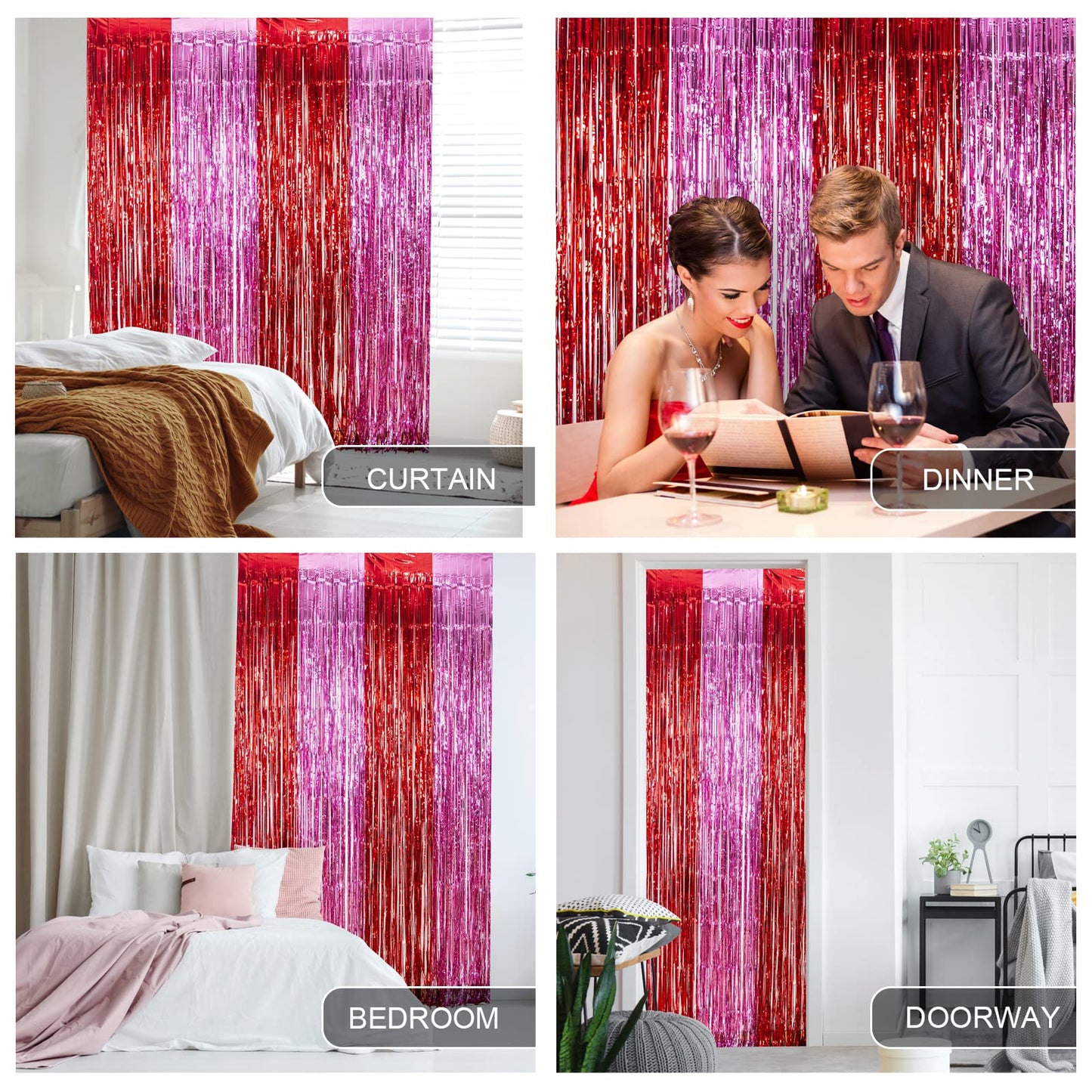 LOLStar 3 Pack Valentines Foil Fringe Curtains Valentine's Day Party Decorations 3.3X6.6 ft Red Pink Tinsel Metallic Photo Booth Props Backdrop Streamers for Valentine's Day Decor Birthday Wedding