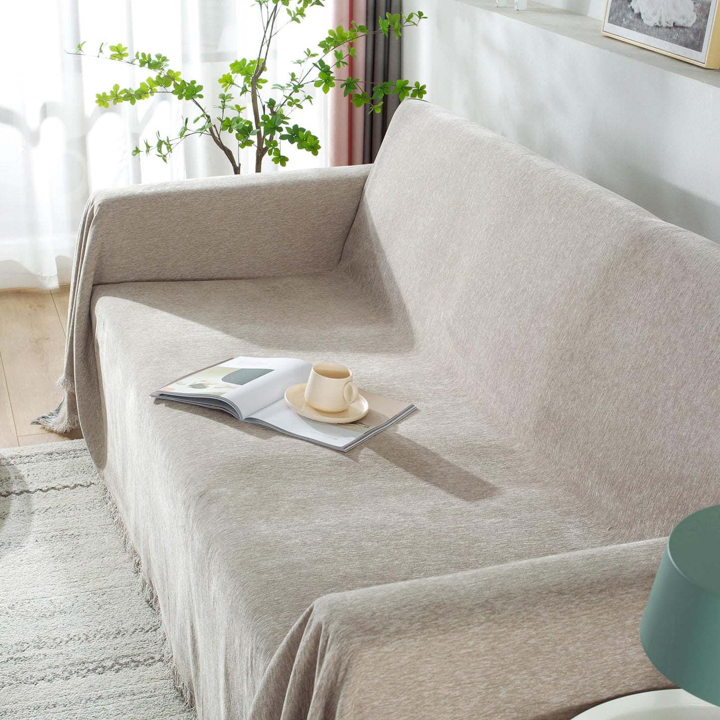 Foreate Extra Wide 91"x134" Chenille Sofa Cover Water Resistant Sofa Covers Washable Sectional Couch Covers for 2 3 Cushion, Tassel Edge Durable Couch Protector for Dogs (Khaki, 91"x134")
