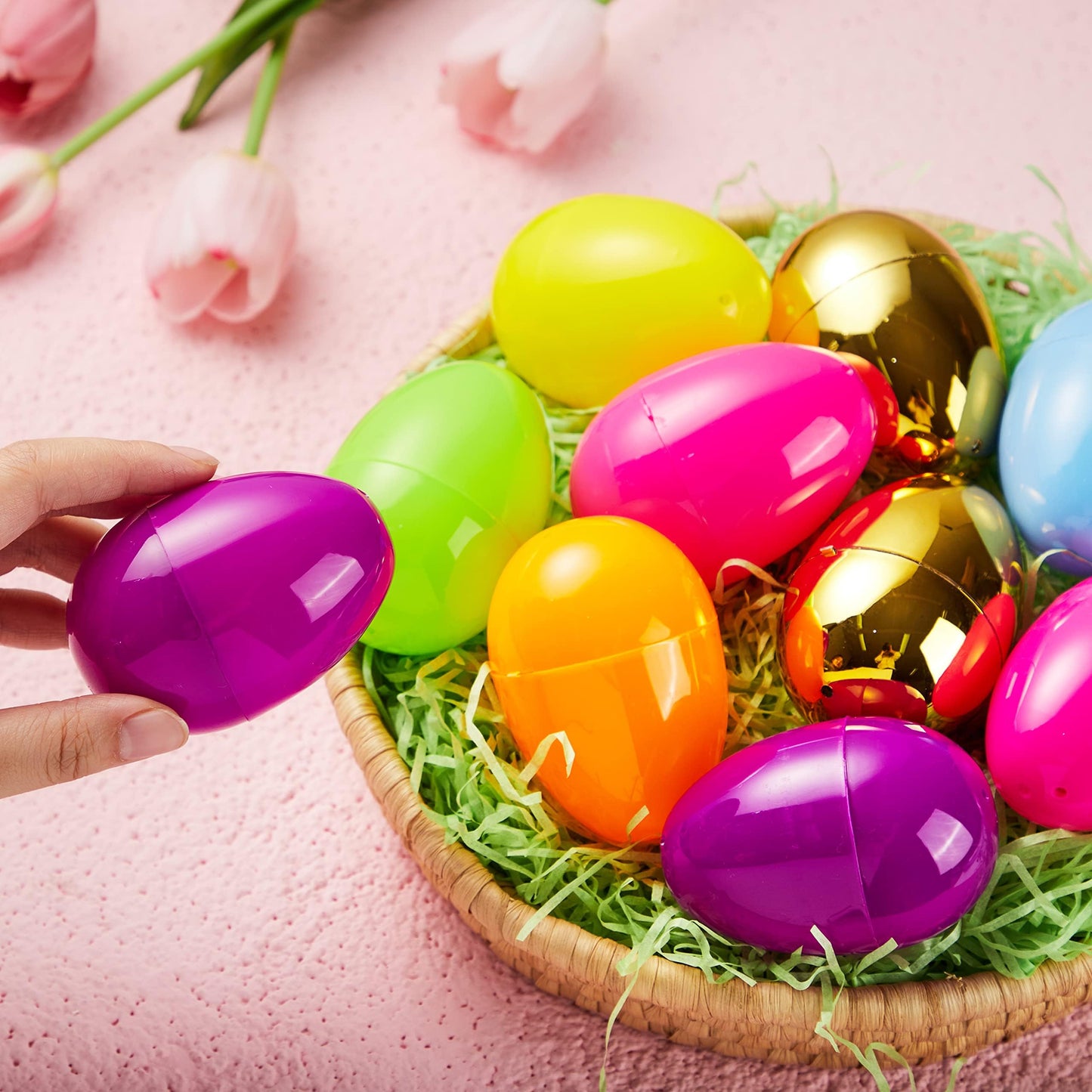 JOYIN 3.15" 144 PCS Plastic Easter Eggs 6 Golden Eggs, Large Empty Eggshells Fillable for Easter Hunt, Parties, Basket Stuffers Filler, Classroom Prize Supplies