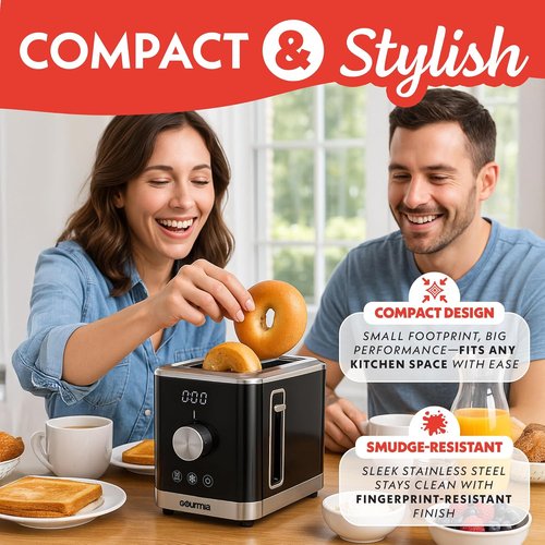 Gourmia 2 Slice Toaster - 6 Browning Levels, Bagel & Defrost Modes, Compact Black Design