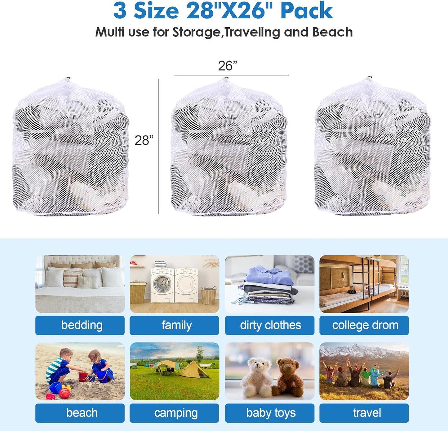 Skiennix Jumbo Mesh Laundry Bags - 3Pcs Wash Bags for Delicates, Bed Linen & Toys | 28 x 26 Inches