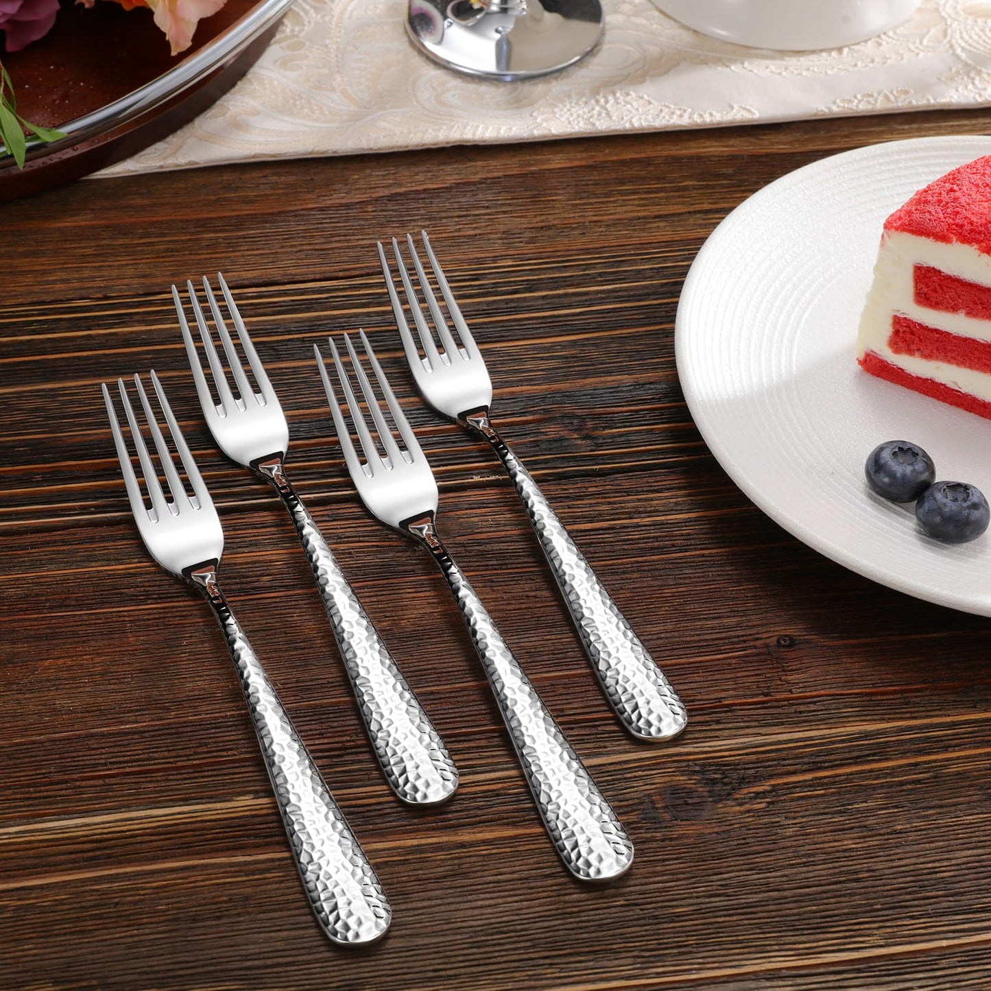 KEAWELL Premium 4-Piece Louise Hammered Fork Set, 18/10 Stainless Steel, Fine Fork Set with Round Edge, Brightly-Mirror polished, Dishwasher Safe. (4, 7.28" Salad Forks)