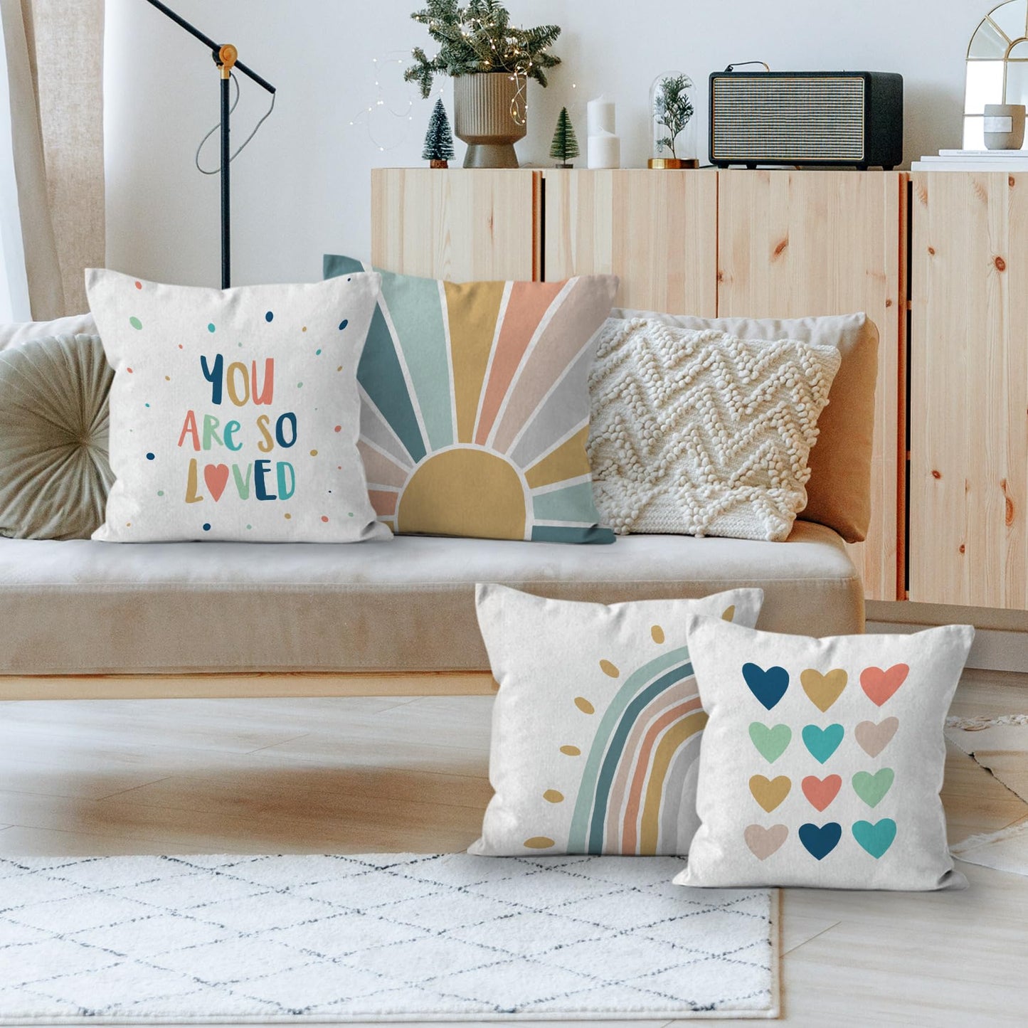 HIWX Boho Rainbow Pillow Cover, You are So Loved Decorative Throw Pillow Cover, Classroom Pillows, Sunshine Rainbow Sun for Classroom Nursery Room Decor Set of 4 Pillowcase 18 x 18