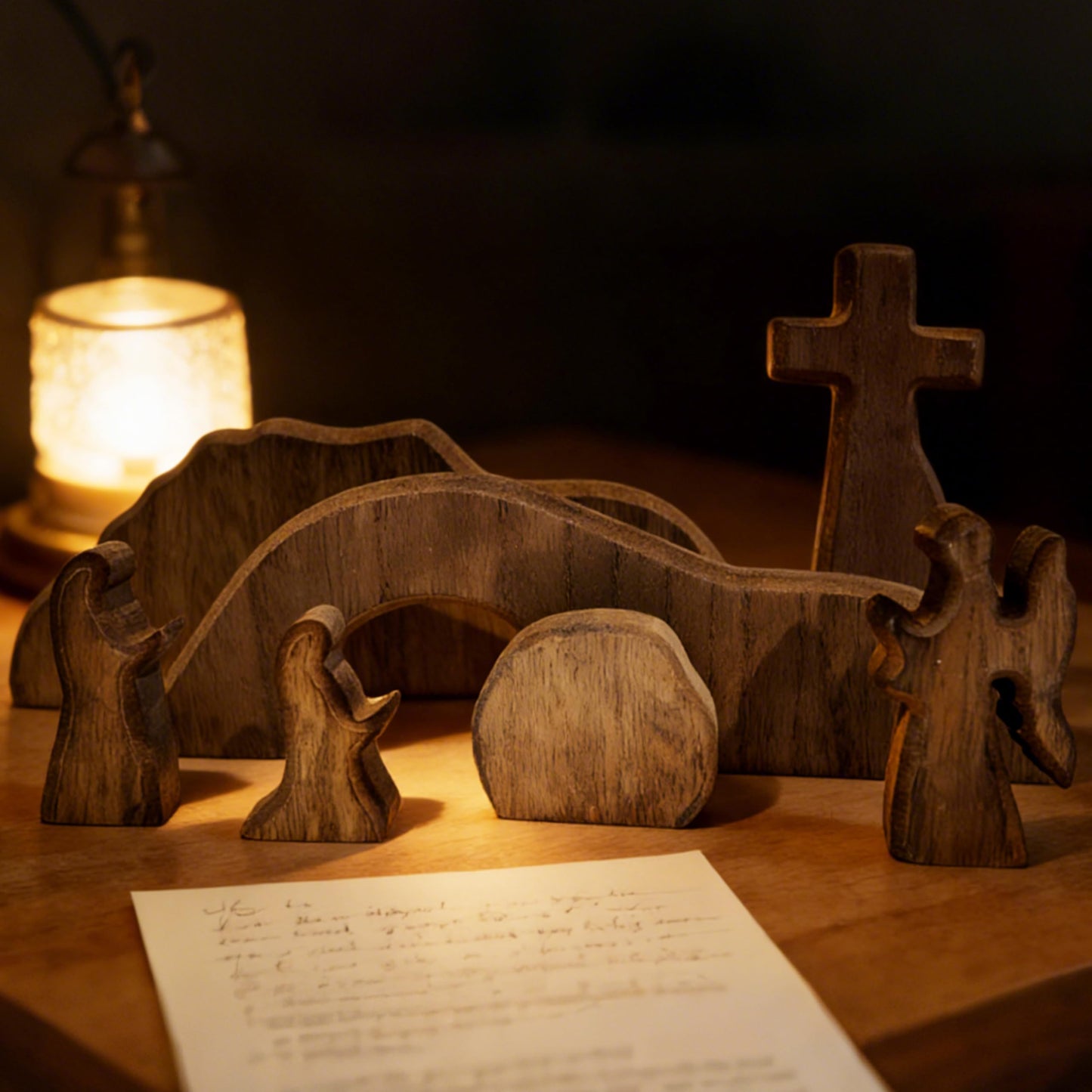 FESTGLOX Empty Tomb Easter Scene for Christian Decoration, Wooden Easter Resurrection Scene with Cross for Religious Display, Nativity Jesus Tomb Set for Home Office Tabletop Tray, Shelf Decor