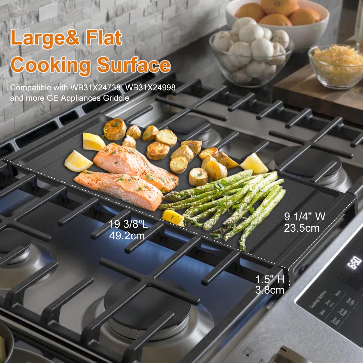 UPGRADED WB31X24738 Cast Iron Griddle Replacement for GE Gas Range, 9×19.5 Inch Nonstick Center Griddle, Food Grade Flat Cooktop Plate for GE Stove Parts